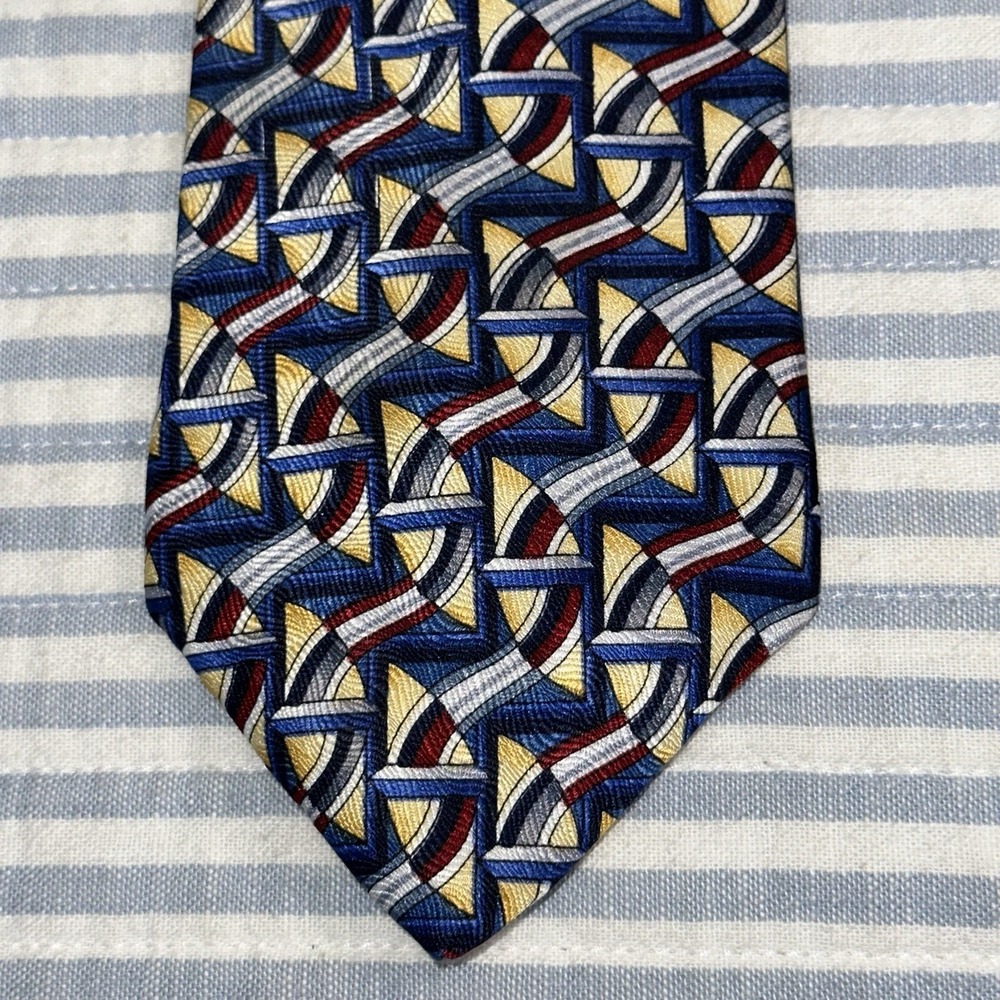 J. Garcia Silk Tie Made In USA Blue Red Yellow Abstract Geometric Design